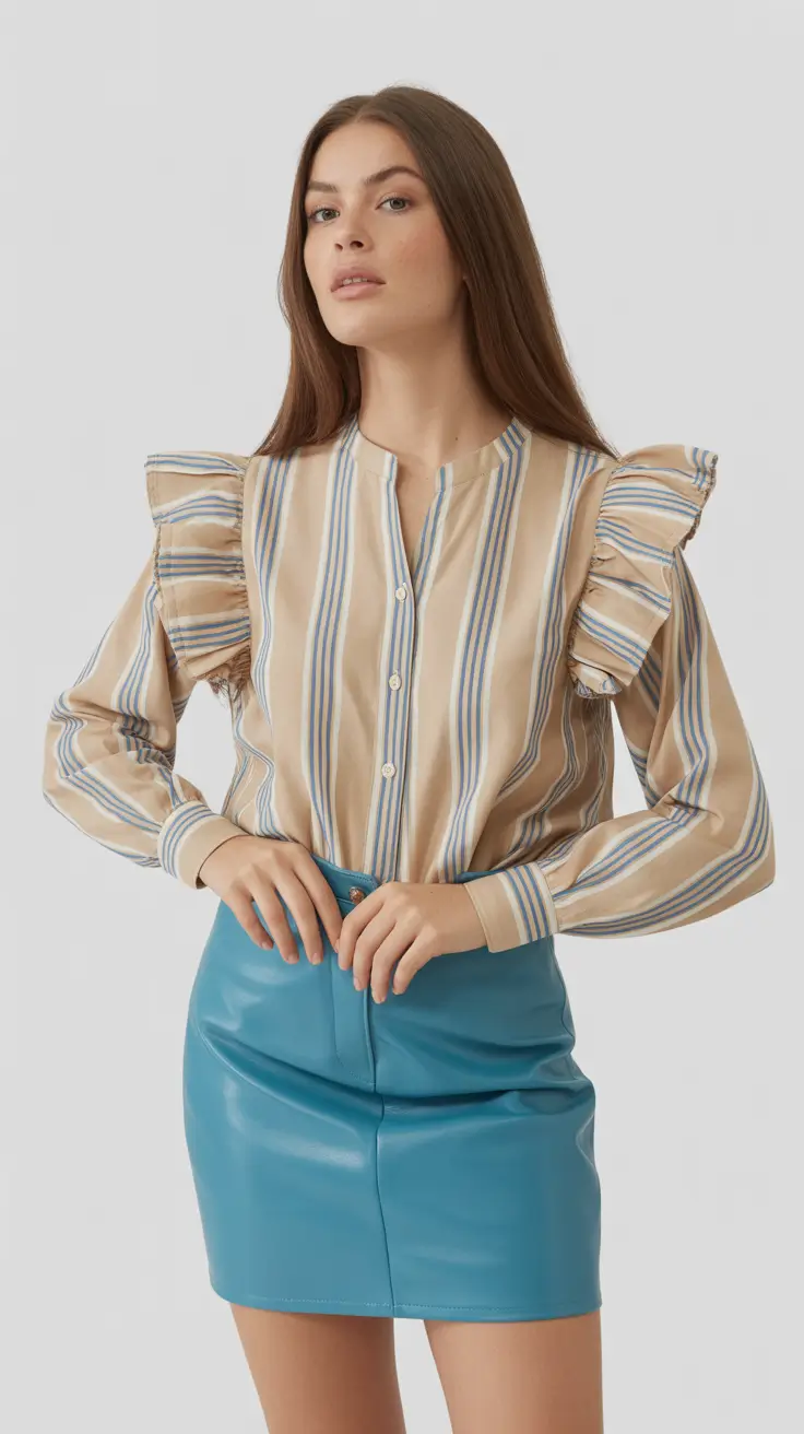 radiant spring formal outfits 2026 Striped Ruffles and Sky-Blue Leather