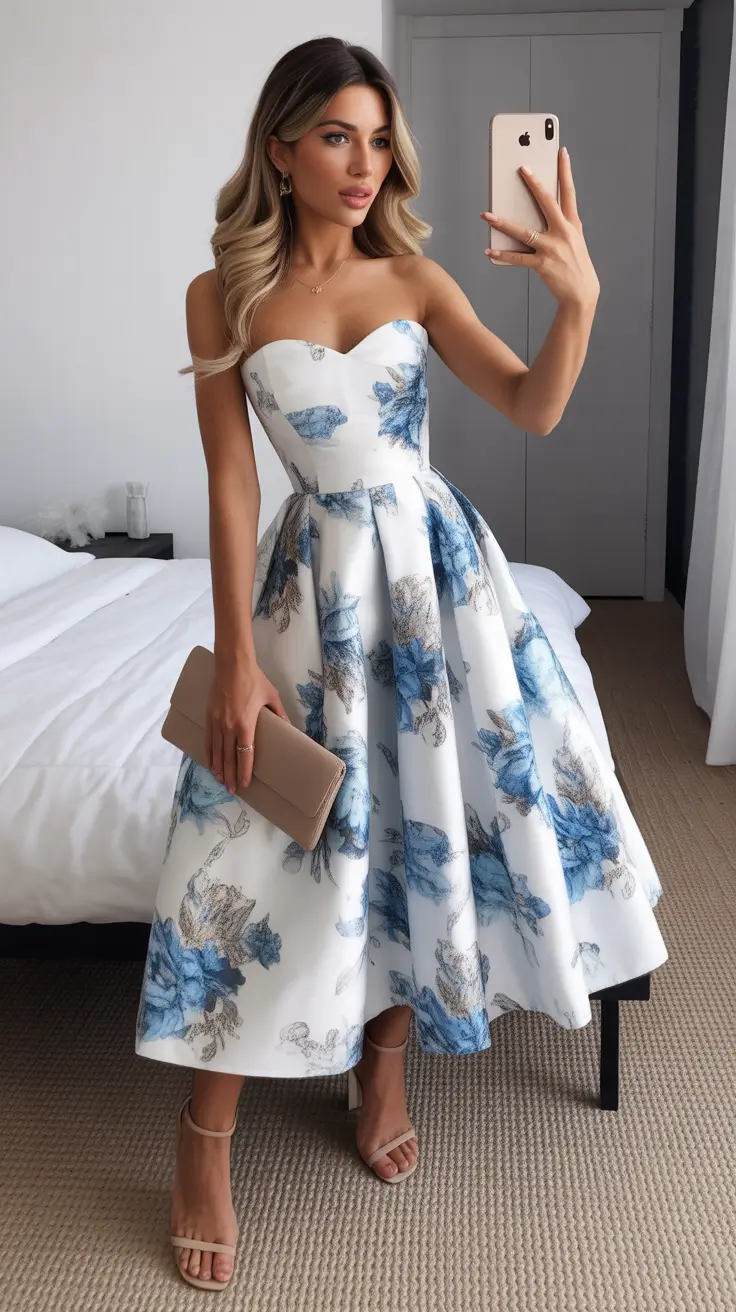 radiant spring formal outfits 2026 Blue-and-White Romance in a Sculpted Strapless Dress