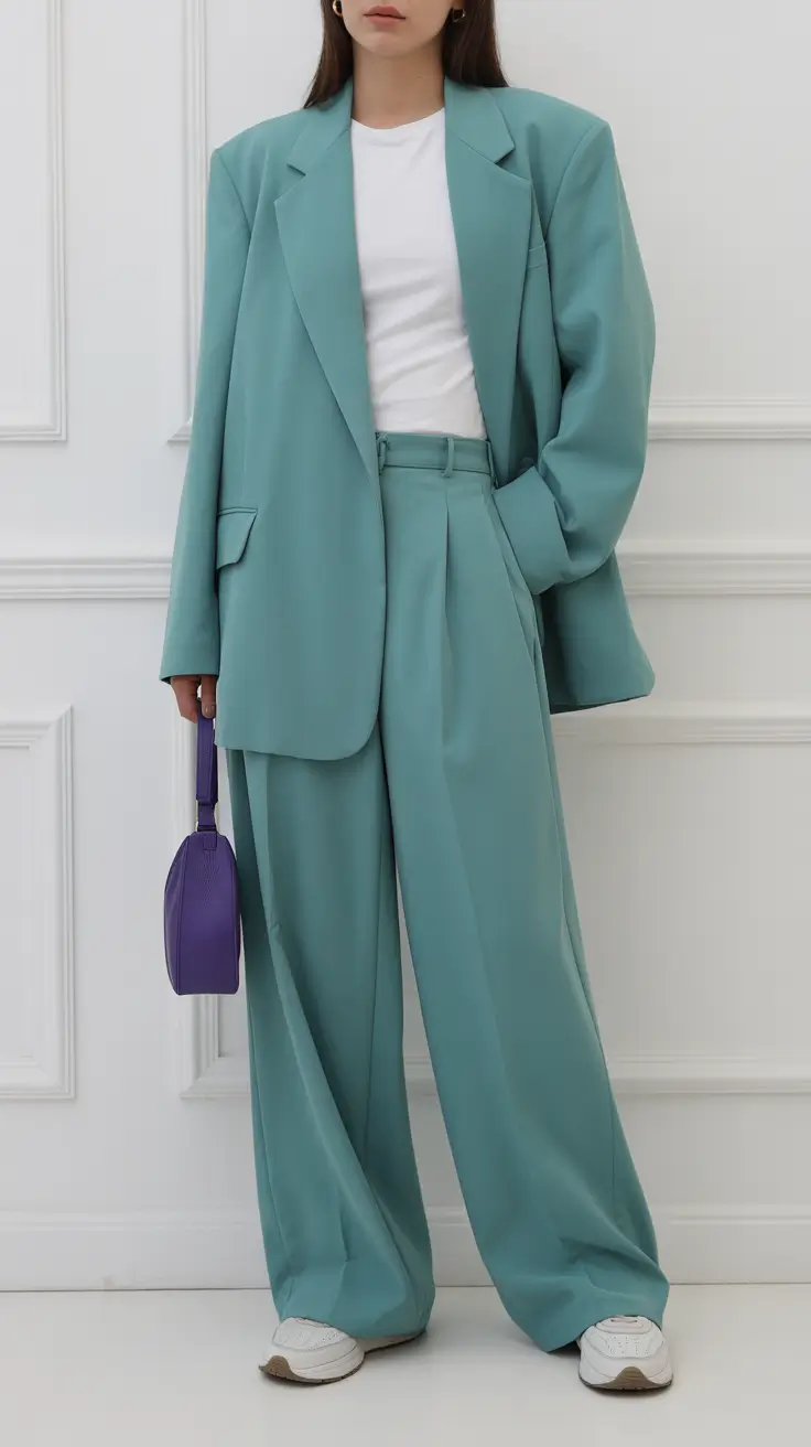 radiant winter to spring outfits 2026 Mint Power Suit With Playful Color Contrast