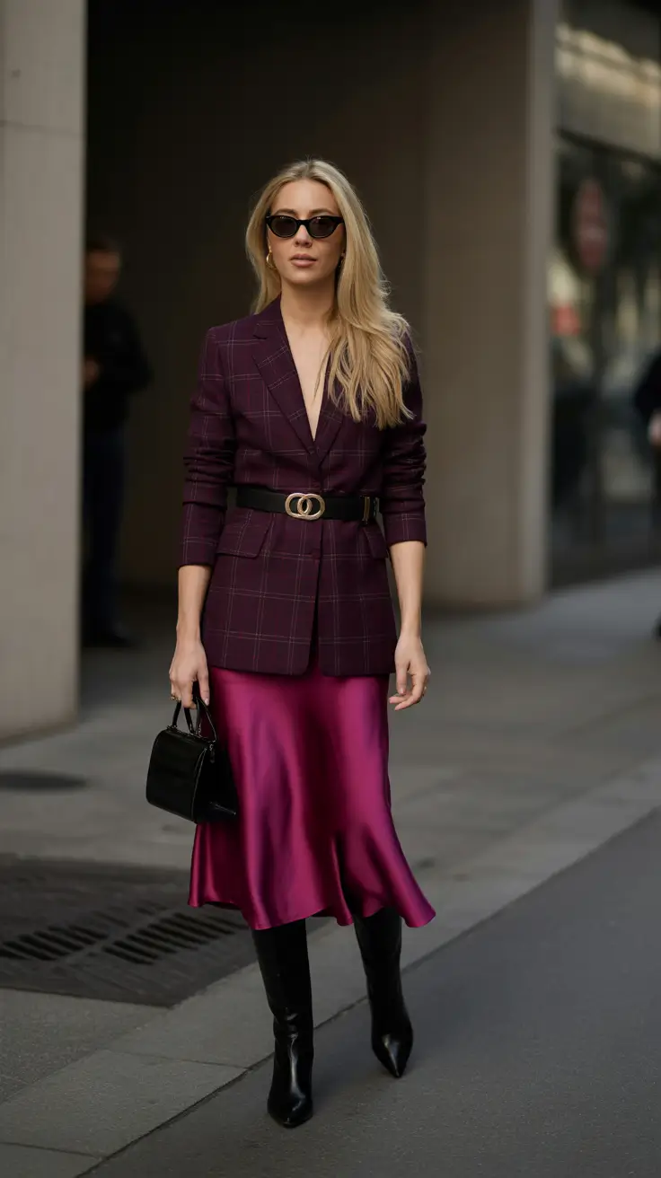 old money spring outfits 2026 Saturated Silk and Structured Check