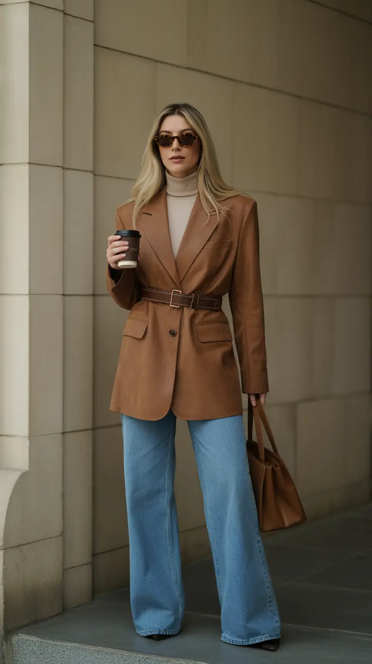 old money spring outfits 2026 Caramel Blazer and Denim Ease