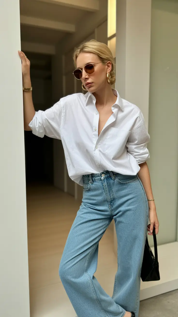 old money spring outfits 2026 Crisp White Shirt with Relaxed Denim