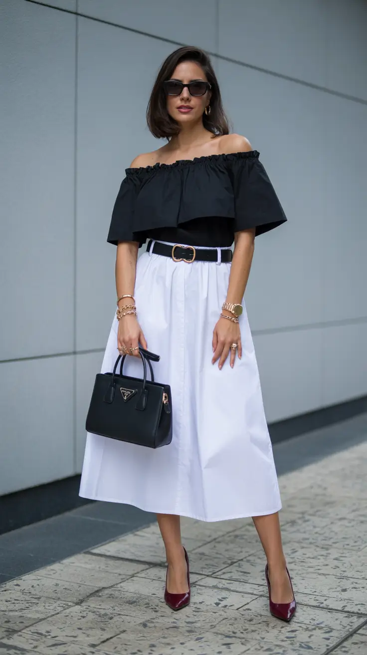 old money spring outfits 2026 Black Ruffles and a Crisp White Skirt