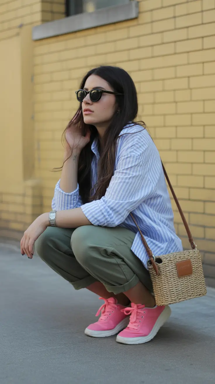 spring outfit for sneakers 2026 Stripes, Olive Tones & Bubblegum Pink Energy