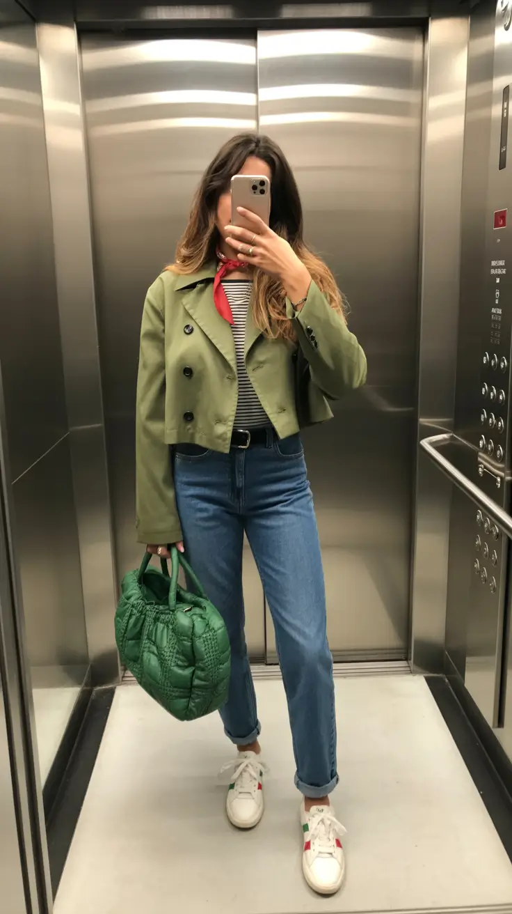 spring outfit for sneakers 2026 French-Inspired Olive Trench & Green Accessories