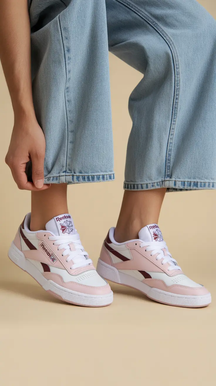 spring outfit for sneakers 2026 Soft Pink Reeboks with Relaxed Denim
