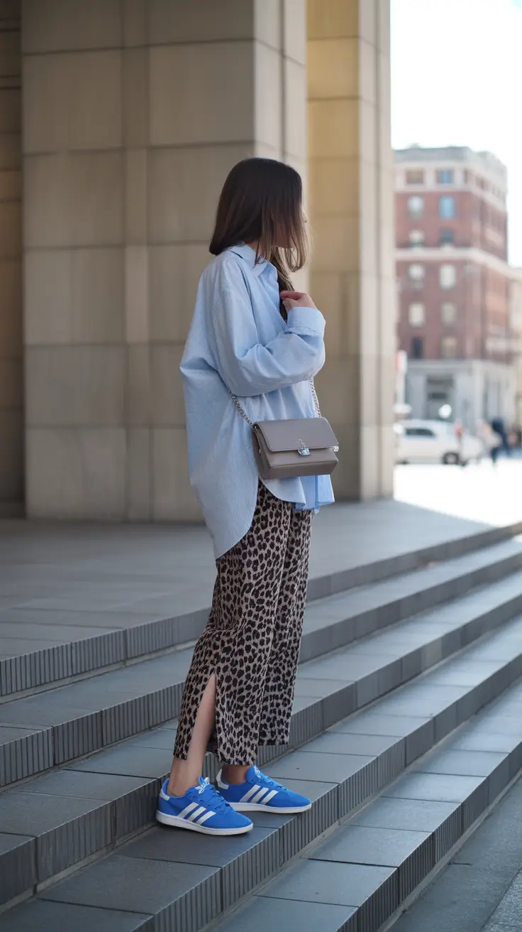 spring outfit for sneakers 2026 Leopard Skirt Meets Cool Blue Adidas