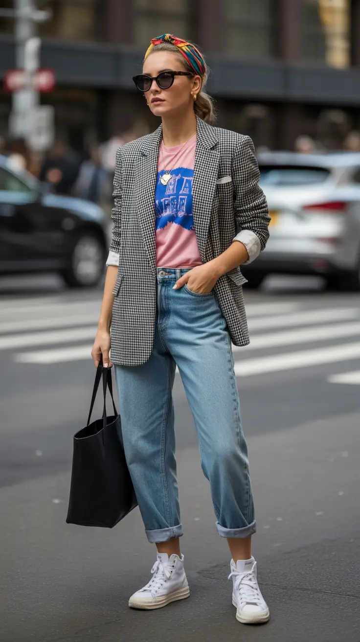 spring outfit for sneakers 2026 Retro Layers with White High-Top Sneakers