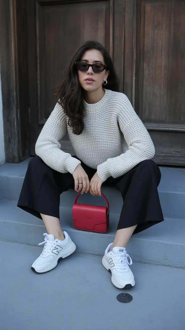 spring outfit for sneakers 2026 Soft Neutrals with a Pop of Red