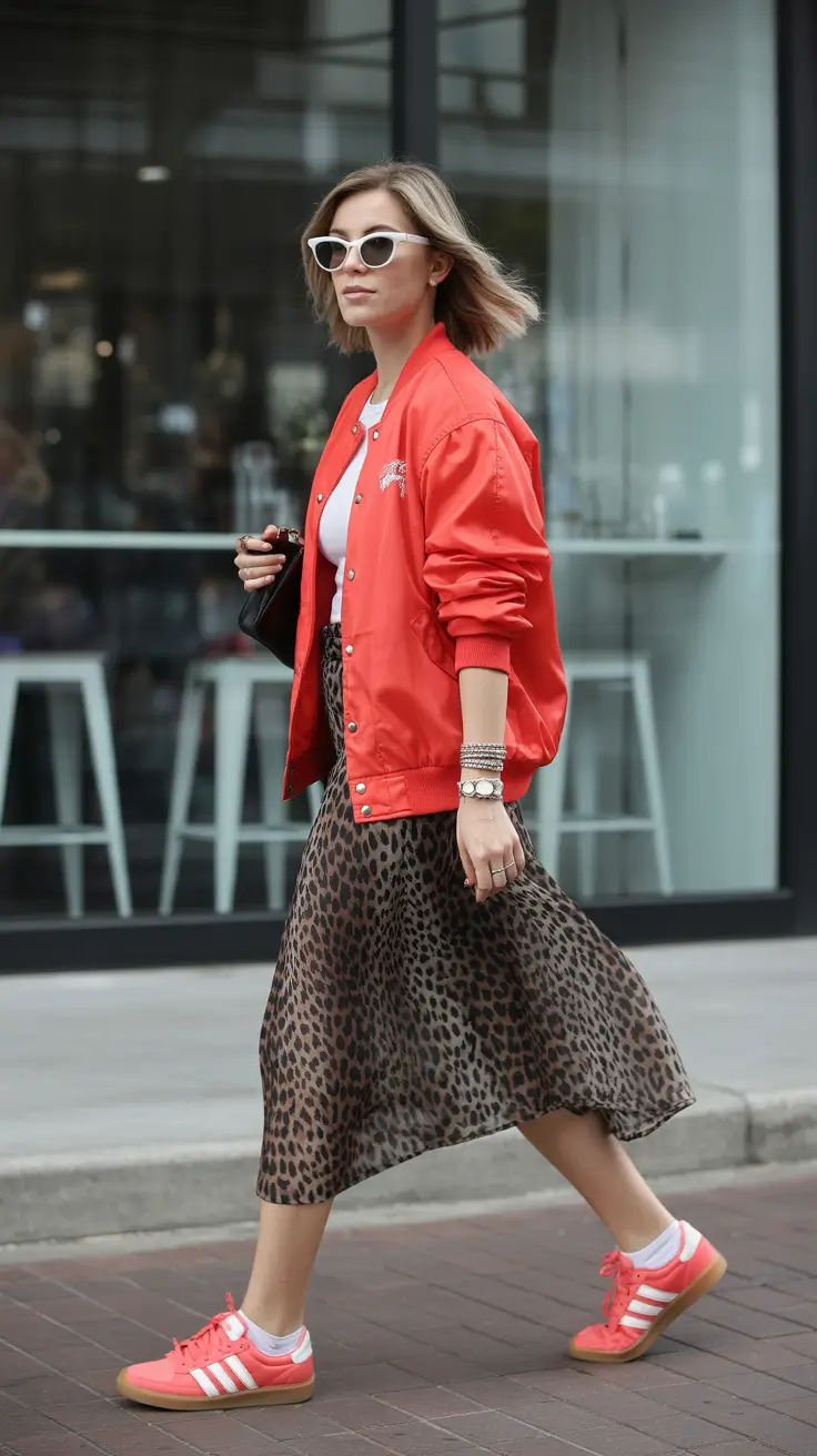 spring outfit for sneakers 2026 Leopard Midi & Coral Adidas Energy