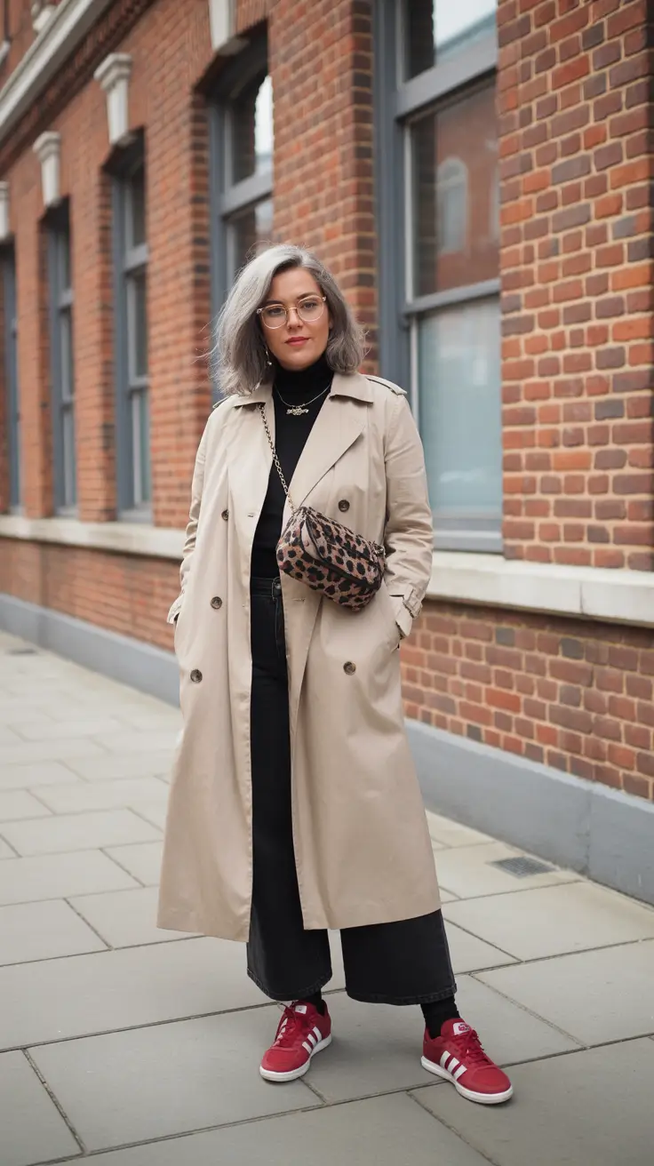 spring outfit for sneakers 2026 Beige Trench & Red Adidas Confidence