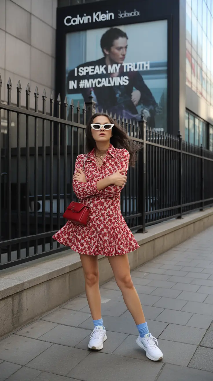 spring outfit for sneakers 2026 Red Floral Dress & Crisp White Sneakers