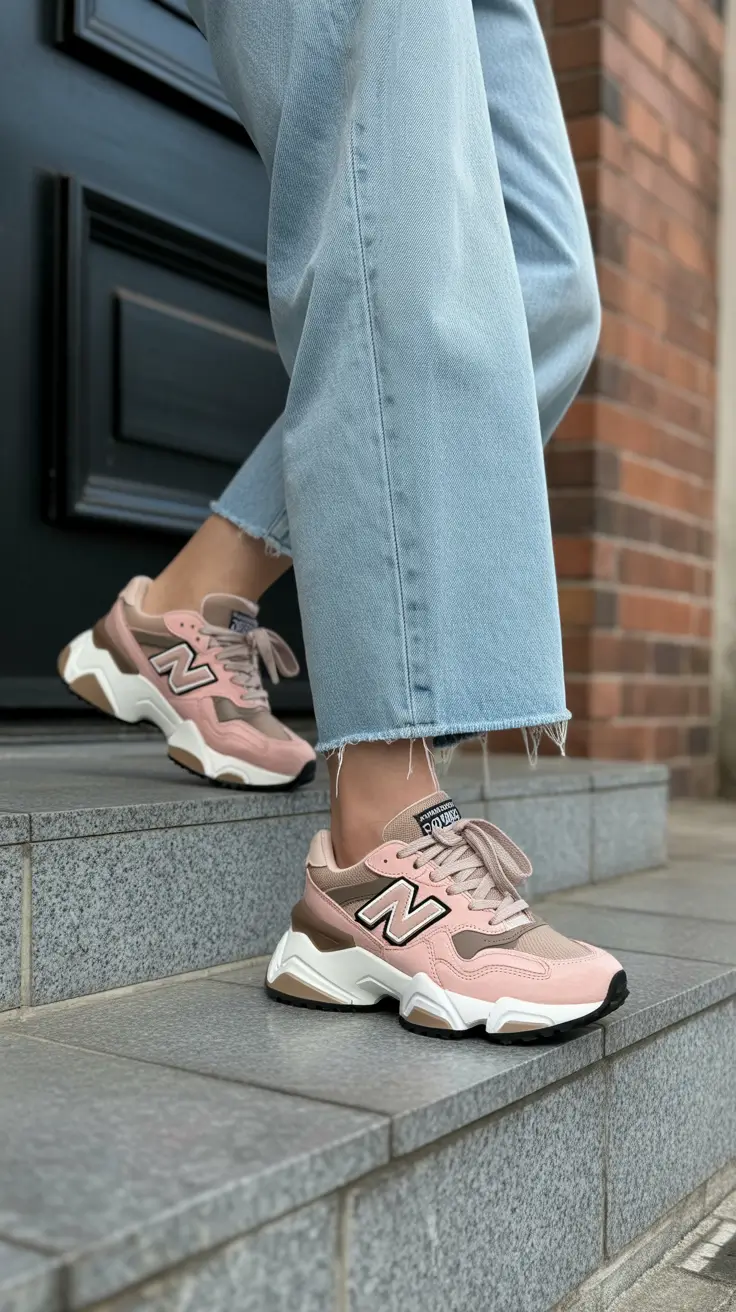 spring outfit for sneakers 2026 Dusty Rose Balance Sneakers with Cropped Denim