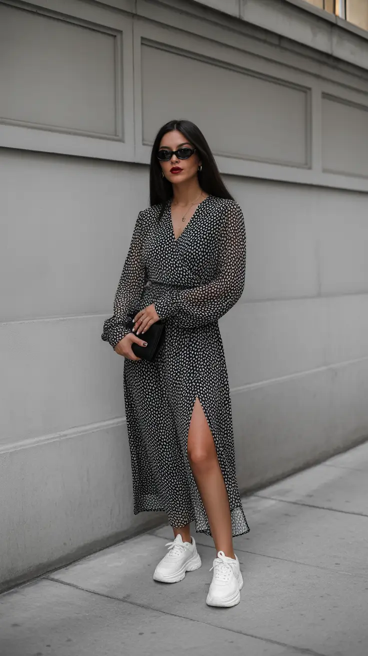 spring outfit for sneakers 2026 Black Dress & Clean White Sneakers