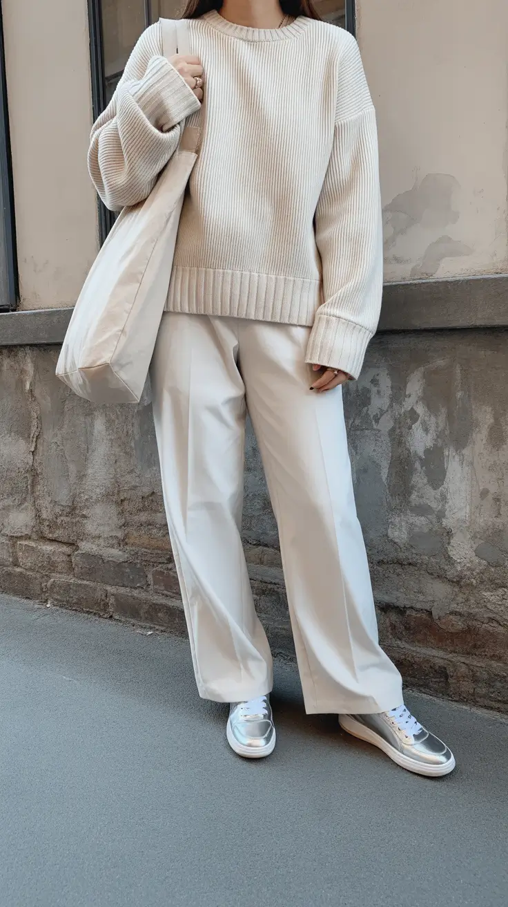 spring outfit for sneakers 2026 Monochrome Softness with Silver Accents