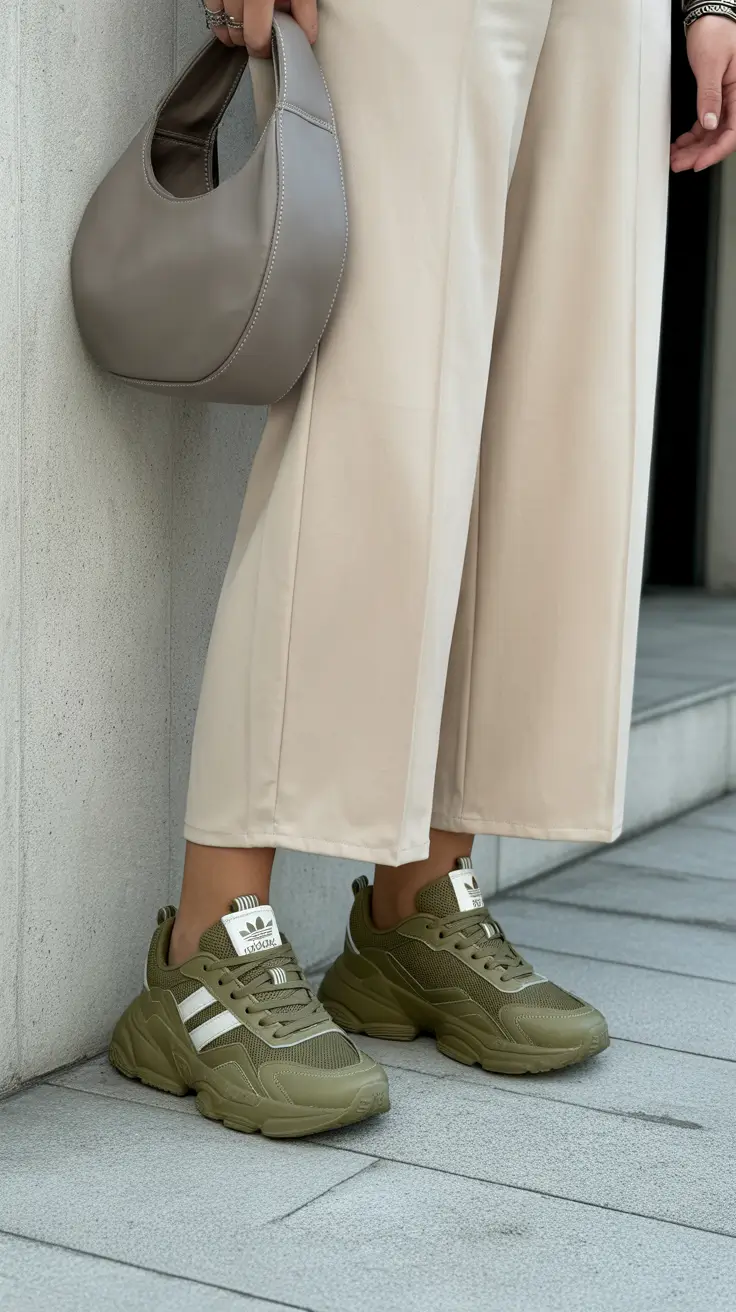 spring outfit for sneakers 2026 Olive Greens & Sculpted Neutrals