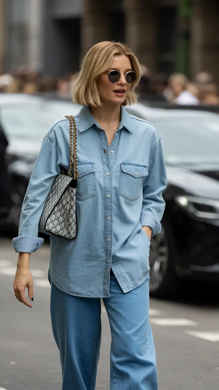 stylish spring jean jacket outfits 2026 Soft Monochrome Denim With Retro Energy