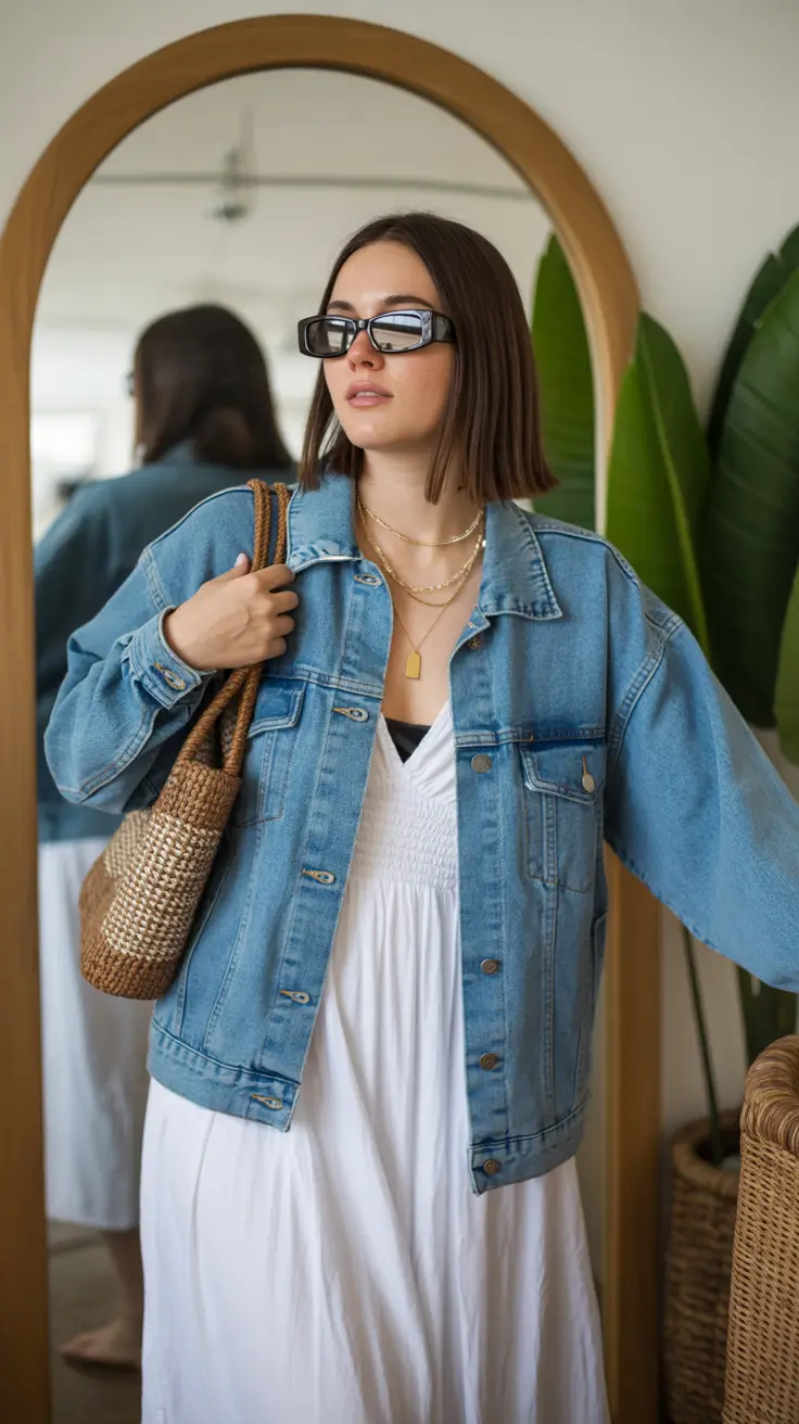 stylish spring jean jacket outfits 2026 Effortless White Dress Charm With Natural Textures