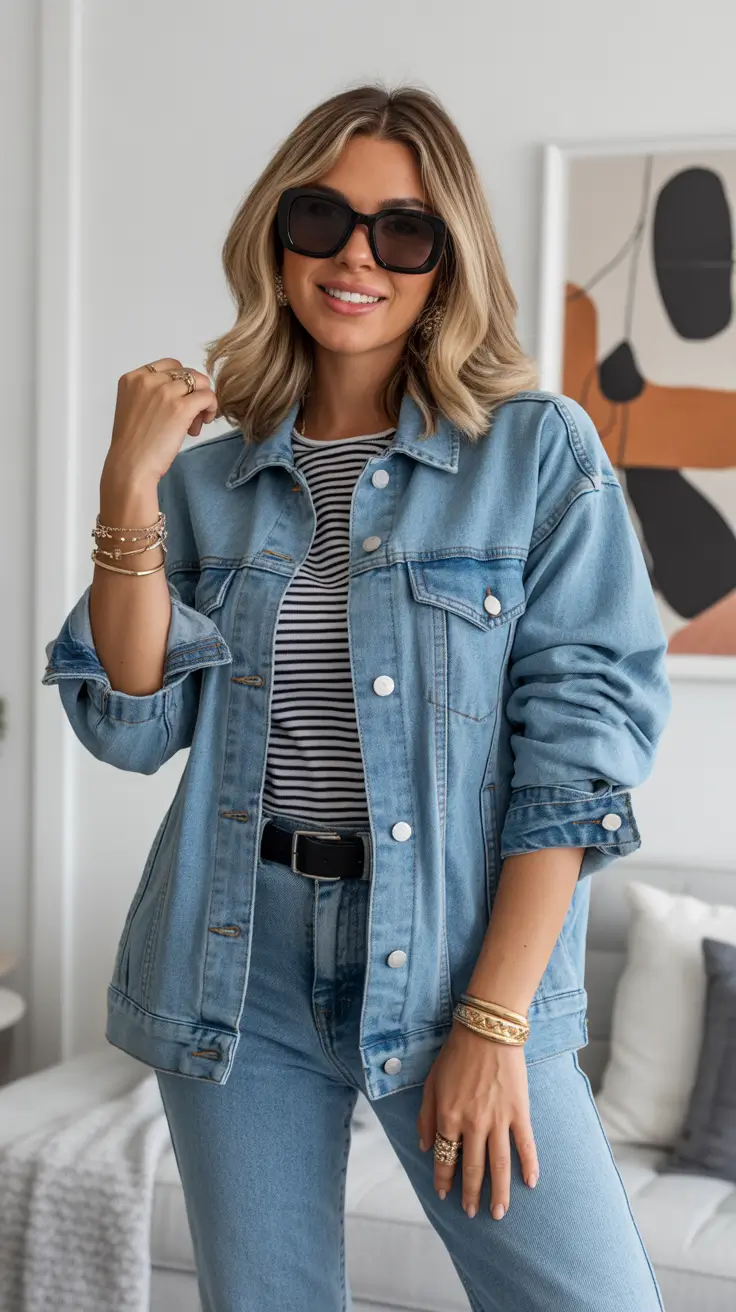 stylish spring jean jacket outfits 2026 Striped Classics With Clean Denim Structure