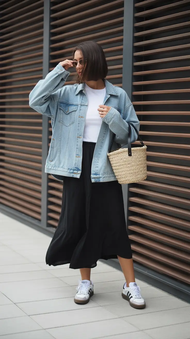 stylish spring jean jacket outfits 2026 Easy Breezy Black Skirt With Oversized Denim