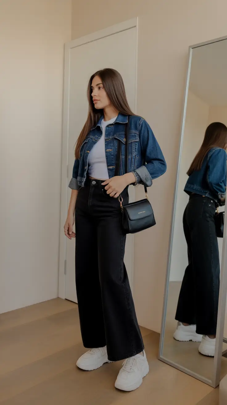 stylish spring jean jacket outfits 2026 Cropped Denim Contrast With Black Wide-Leg Pants