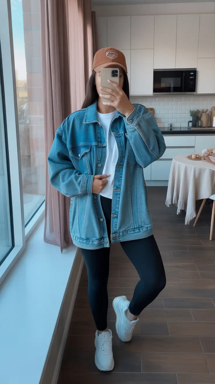 stylish spring jean jacket outfits 2026 Leggings and Oversized Denim for Cozy Spring Days