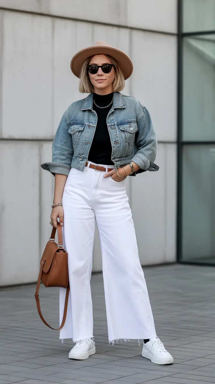 stylish spring jean jacket outfits 2026 Warm Neutrals With Bright White Denim