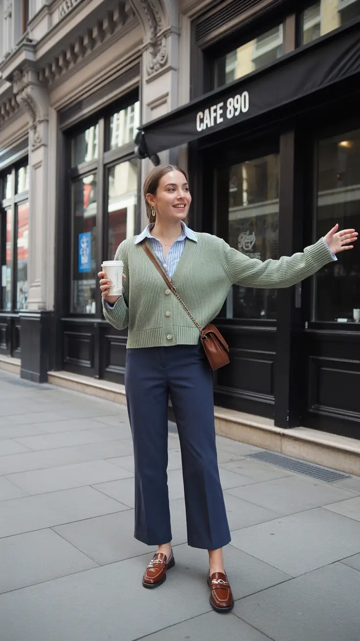Versatile spring office outfits 2026 — Soft Greens and Navy for Relaxed Professional Ease