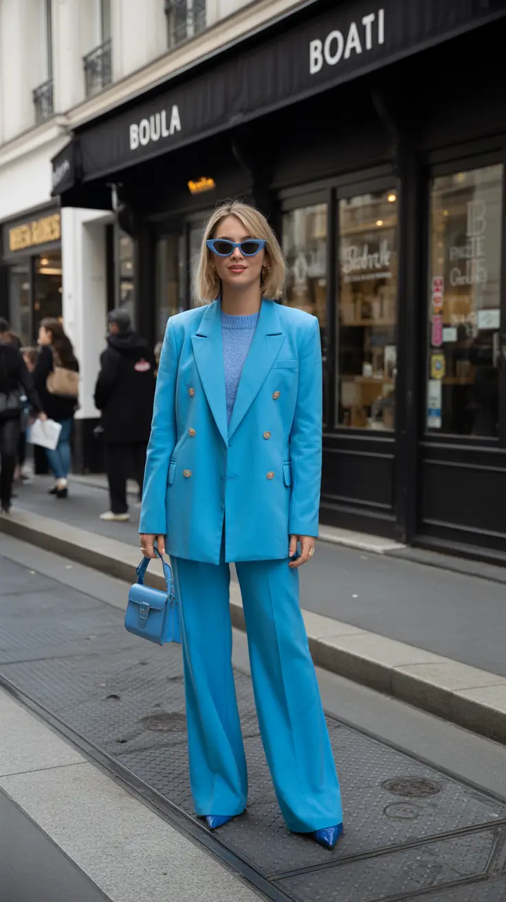 Versatile spring office outfits 2026 — Monochrome Blue Suiting With Bold Accessories