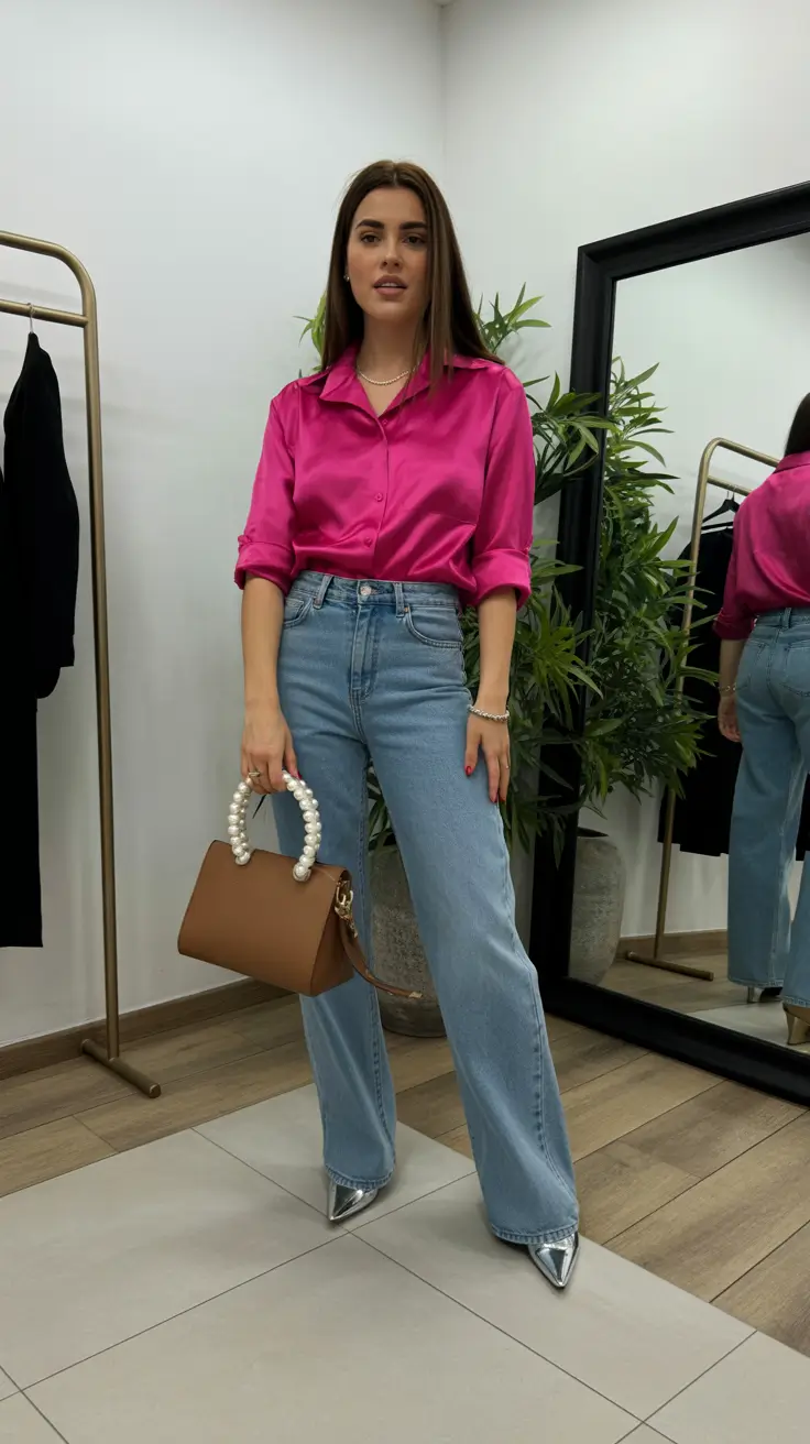 Versatile spring office outfits 2026 — Hot Pink Satin Meets Relaxed Denim