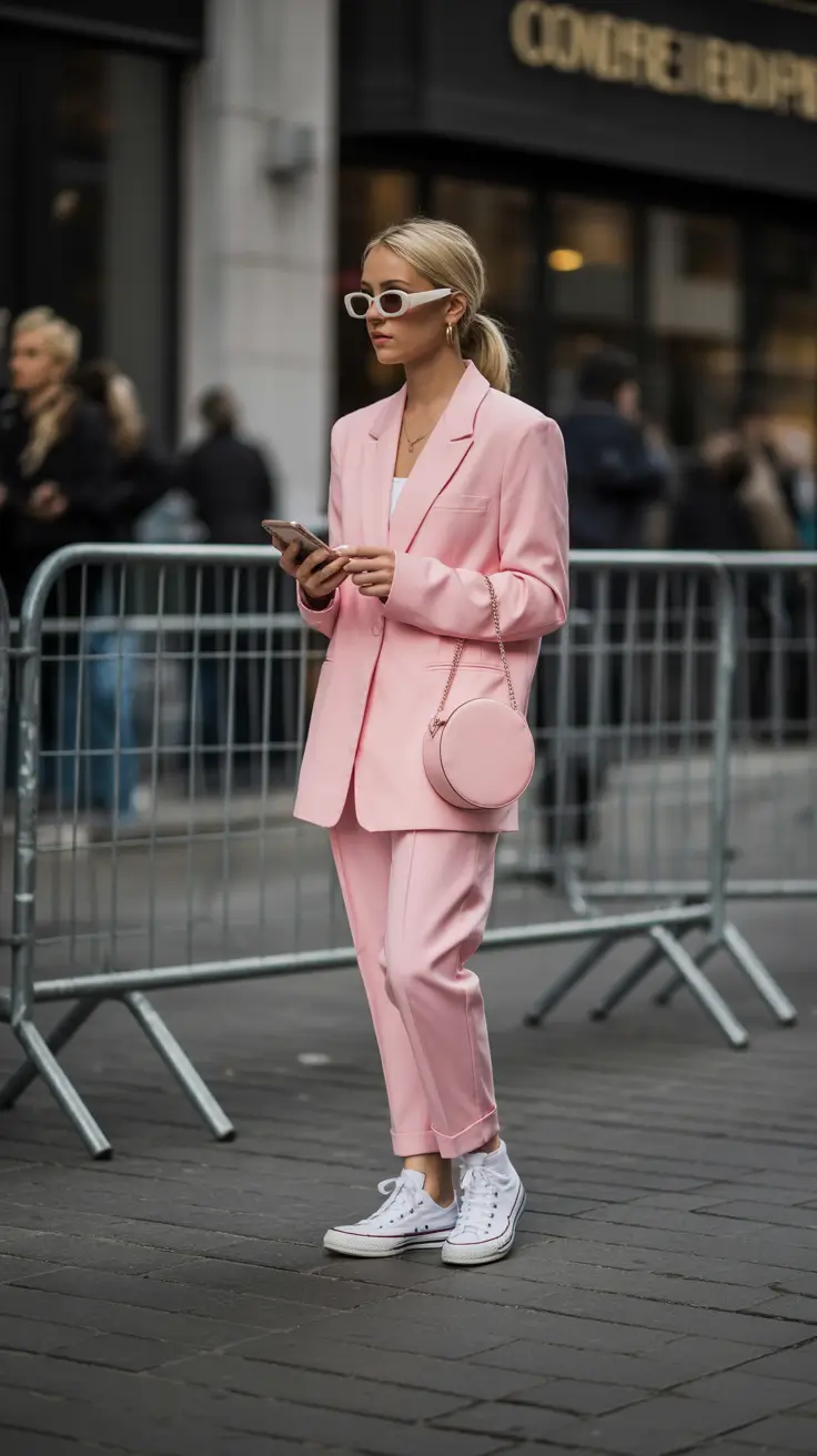 Versatile spring office outfits 2026 — Pink Suit With Everyday Sneakers