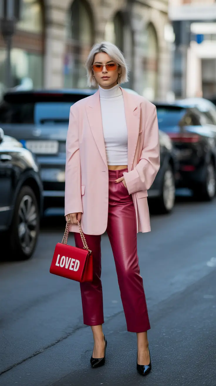 Versatile spring office outfits 2026 — Soft Blazer & Leather Trousers Fusion