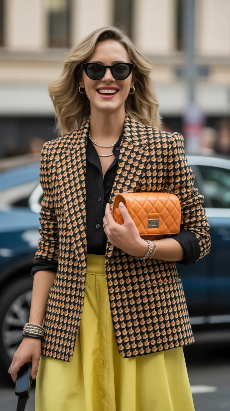 Versatile spring office outfits 2026 — Patterned Blazer With Sunshine Yellow Skirt