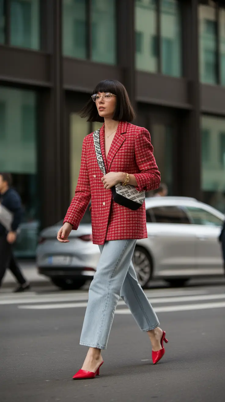 Versatile spring office outfits 2026 — Red Tweed Blazer and Light Denim for Modern Office Chic