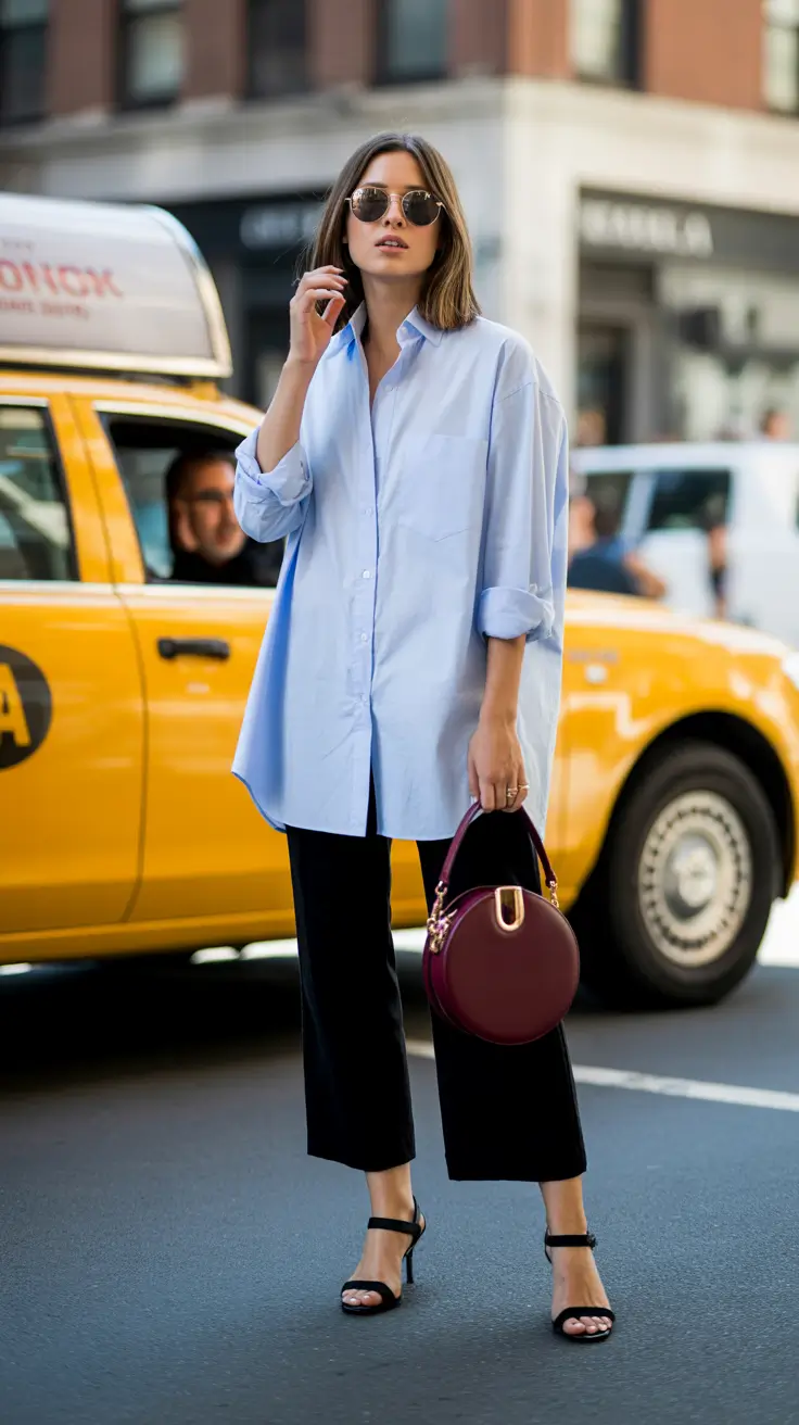 Versatile spring office outfits 2026 — Sky-Blue Button-Down and Minimalist Black Trousers