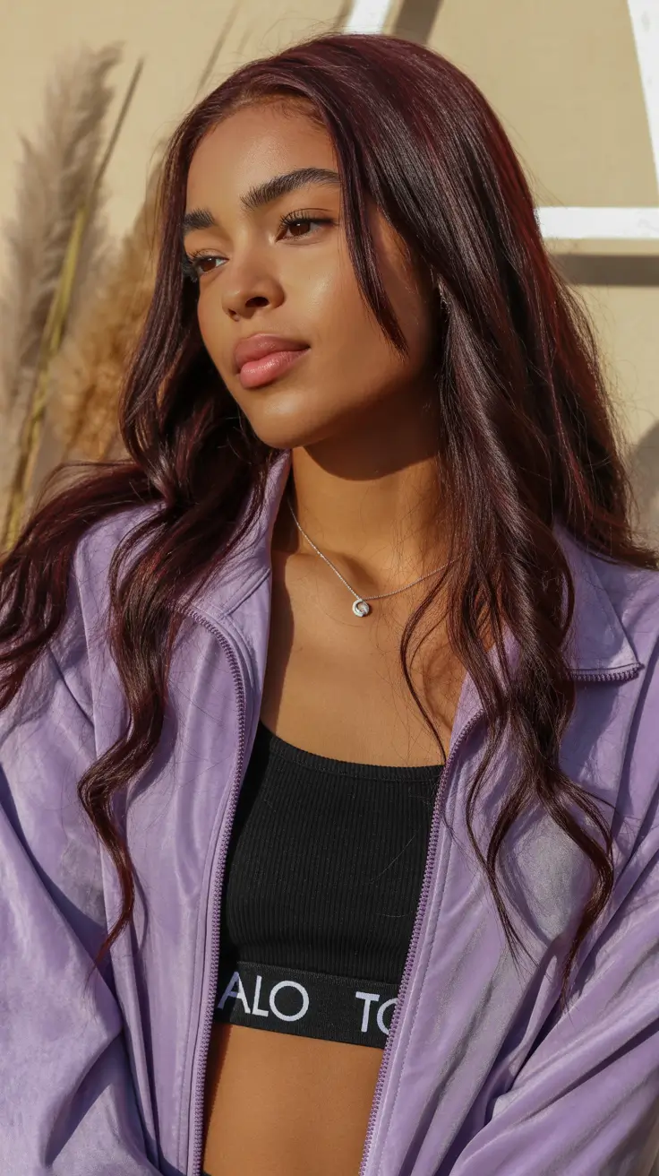 amazing spring hair color for dark skin 2026 Plum Wine Waves That Melt Into Spring Light