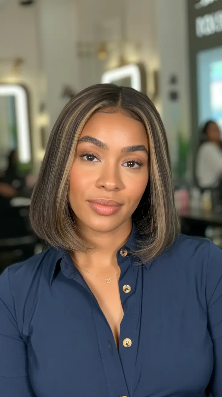 amazing spring hair color for dark skin 2026 Soft Ash Brown Blunt Bob With Modern Precision