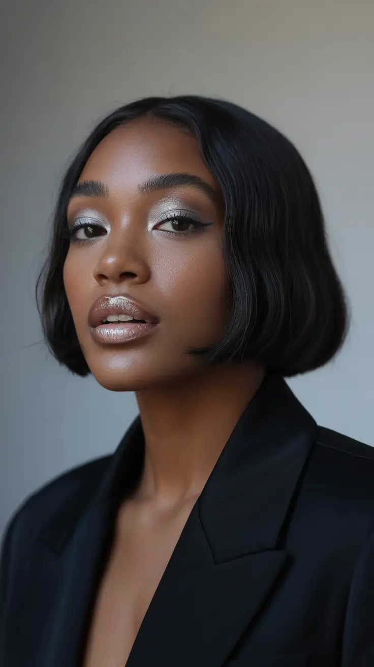 amazing spring hair color for dark skin 2026 Minimalist Jet Black French Bob With Mirror Shine