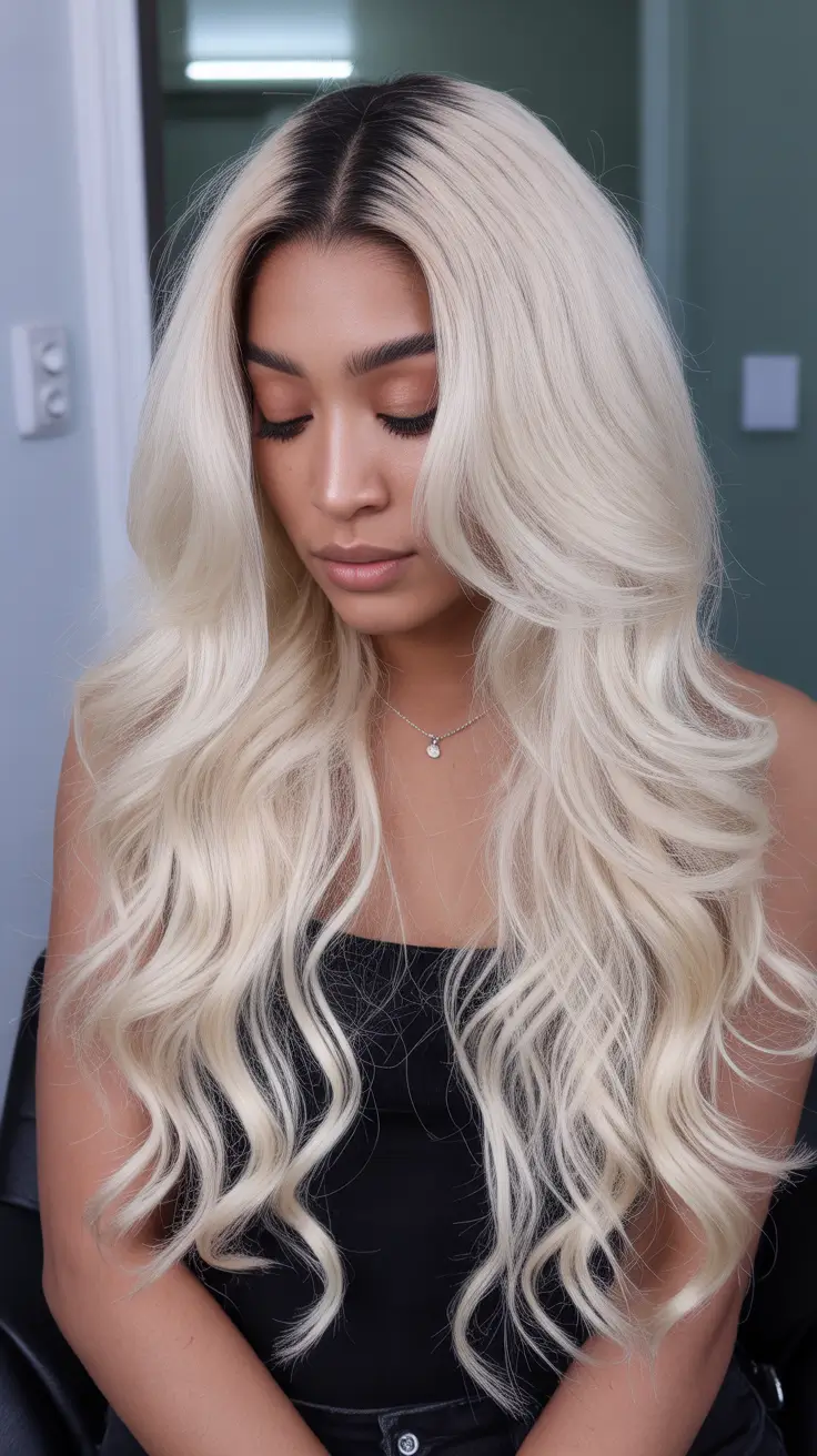 amazing spring hair color for dark skin 2026 Platinum Ice Blonde With Deep Shadow Root Drama