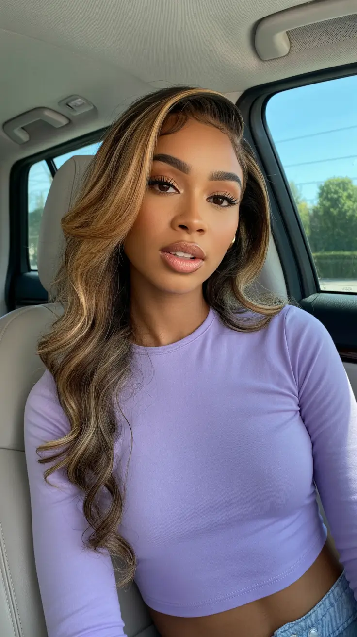 amazing spring hair color for dark skin 2026 Golden Bronde Glam With Seamless Caramel Ribbons