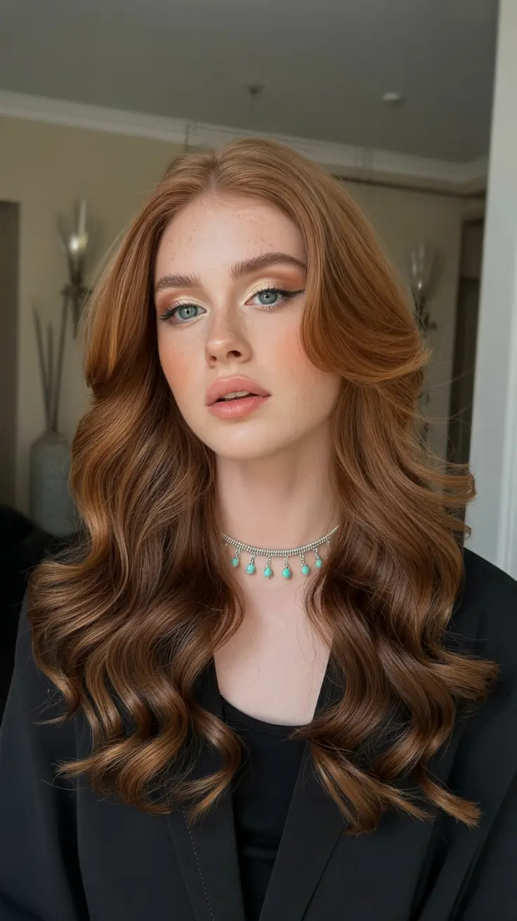 amazing spring mid length haircut 2026 Glossy Copper Waves with Long Layers