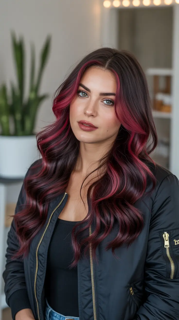 amazing spring mid length haircut 2026 Deep Burgundy Waves with Bold Face-Framing Panels