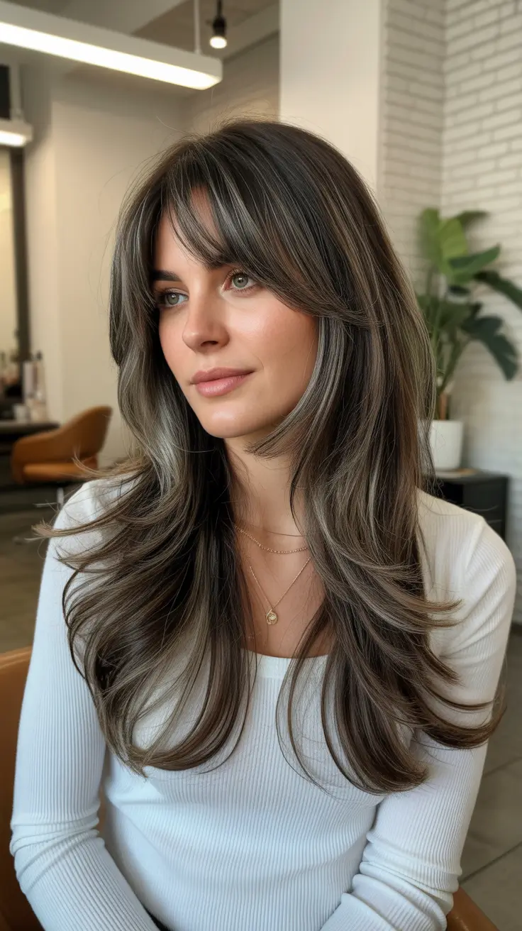 amazing spring mid length haircut 2026 Layered Brunette with Soft Bangs and Dimensional Highlights