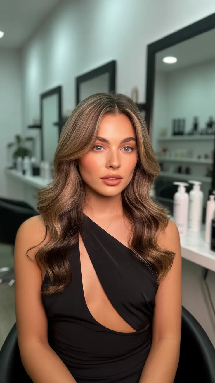 amazing spring mid length haircut 2026 Glossy Mocha Waves with Sculpted Volume