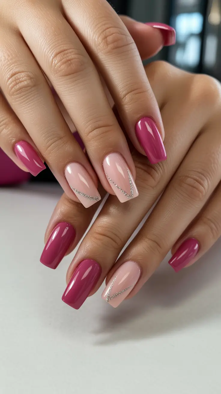 beauty spring hot pink nails 2026 Soft Pink and Berry Contrast with Rhinestone V Accent