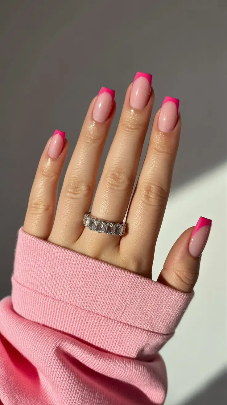 beauty spring hot pink nails 2026 Classic Square Pink French with Nude Base