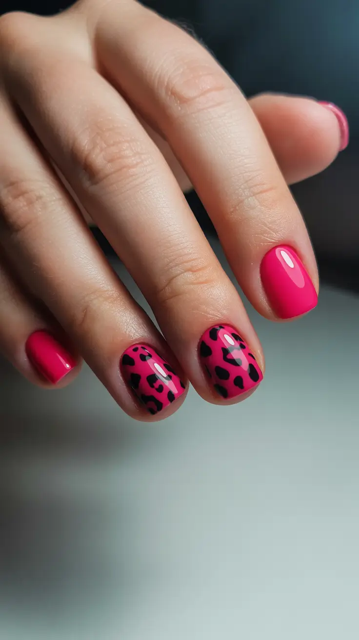 beauty spring hot pink nails 2026 Short Hot Pink with Black Leopard Accent
