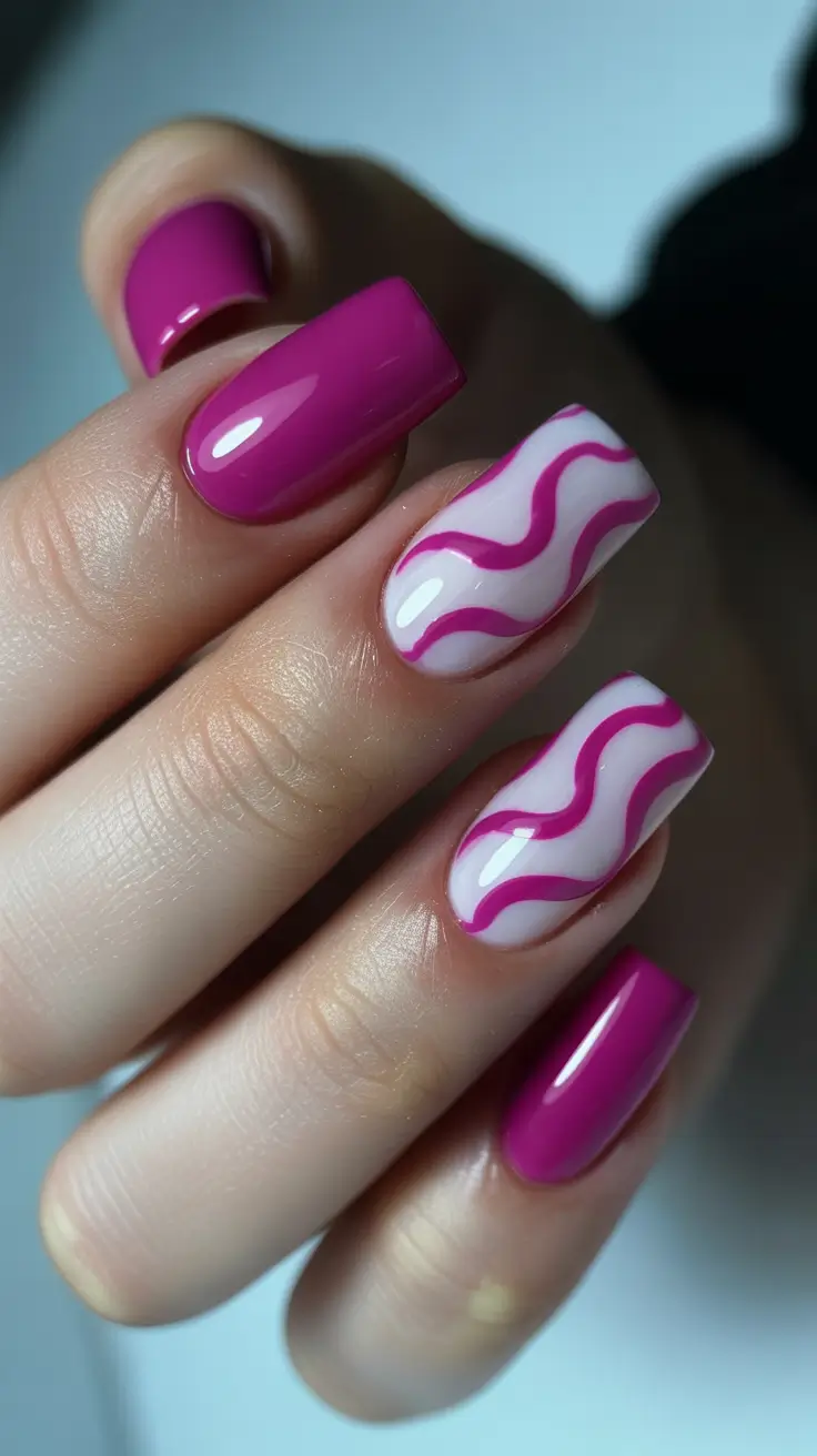 beauty spring hot pink nails 2026 Pink and White Wavy Contrast Design