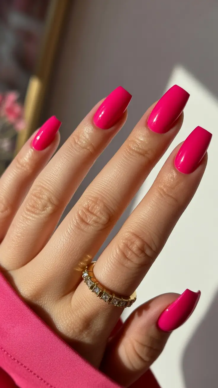 beauty spring hot pink nails 2026 High-Gloss Long Square in Electric Hot Pink
