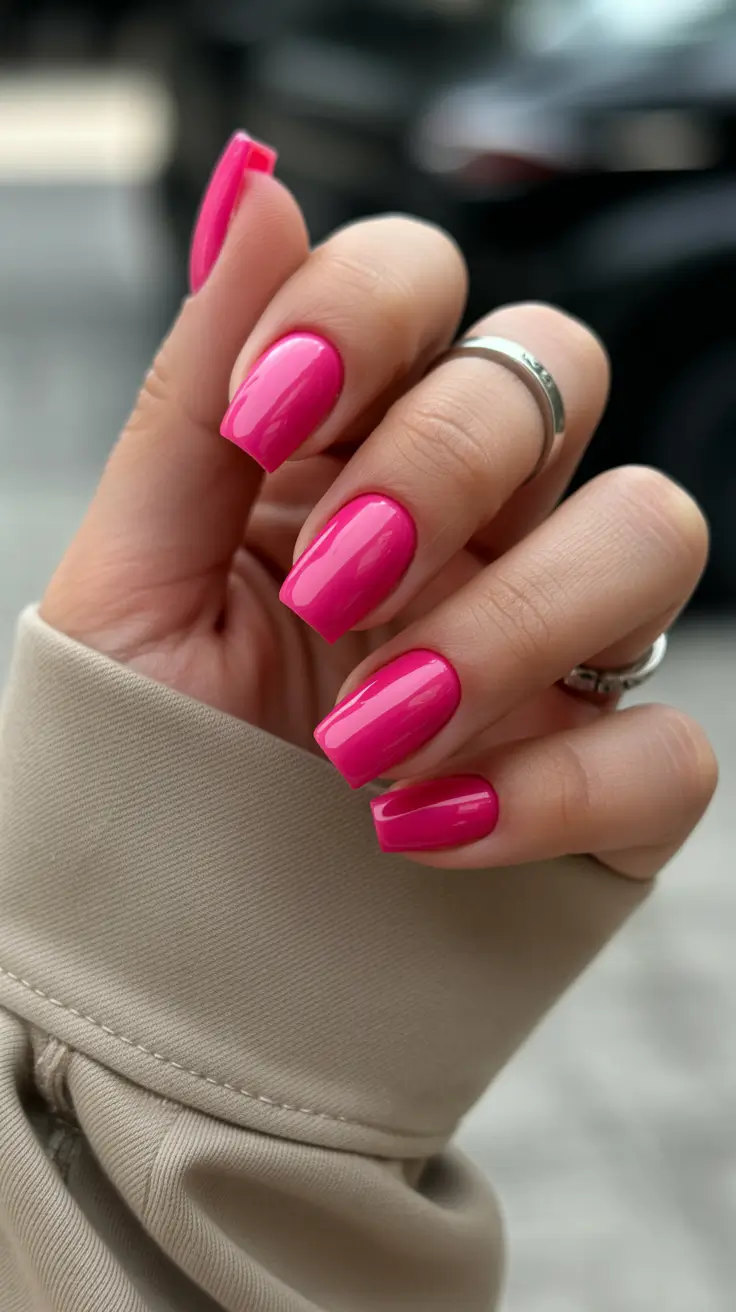 beauty spring hot pink nails 2026 Medium Square Glossy Pink for City Days